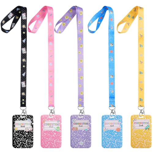 Xtinmee 5 Sets Colored Composition ID Badge Holder with Lanyard Detachable Lanyard with Cute ID Card Holder Silky Strap Neck Clip Clasp Hard Name Case for School Kids Boys Students Teens