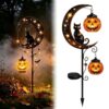 XUANDOH Solar Halloween Black Cat Pumpkin Moon Garden Stake Light, Solar Black Cat Pumpkin Light, Waterproof Crescent Moon with Hanging Pumpkin Jack-o'-Lantern, Outdoor Halloween Yard Decor (C-1)