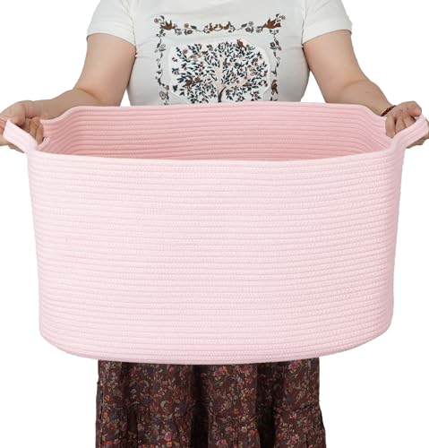 XUANGUO Large Rectangle Blankets Baskets 22"x17"x12" Toy Basket for Kids Woven Cotton Rope Storage Basket for Nursery - Laundry Baskets for Clothes Towels - Ideal for Living Room Storage pink