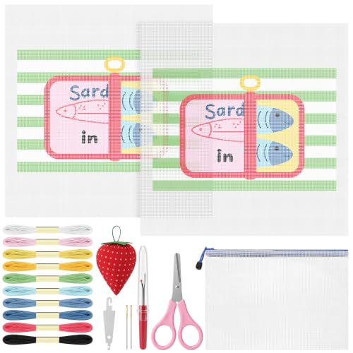 XunYee 27 Pcs Sardines in Oil 18 Mesh Needlepoint Canvas Kit Hand Painted Canvas Craft Set for Beginners Adults Sardines in Oil Pattern Cloth 7.8 Inch Needle Threader Pincushion Scissor Seam Ripper
