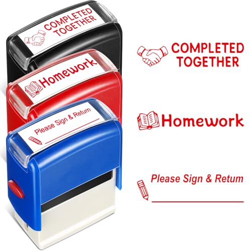 XunYee 3 Pcs Rectangular Teacher Stamp Self Inking Includes Homework, Completed Together, Please Sign & Return Stamp, Refillable Teacher Stamps for Teacher School Classroom Business Office, Red Ink