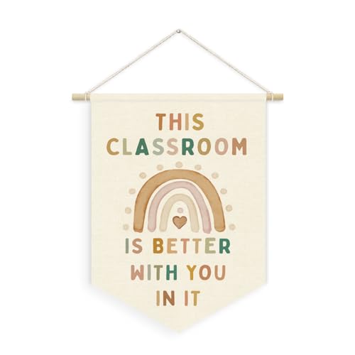 XYDEG Boho Nature Cute Classroom Wall Art Decor,This Classroom Is Better with You in It Linen Canvas Banner, Rainbow Welcome Sign Wall Hanging Pennant Flag Banner for Preschool, 15x11in