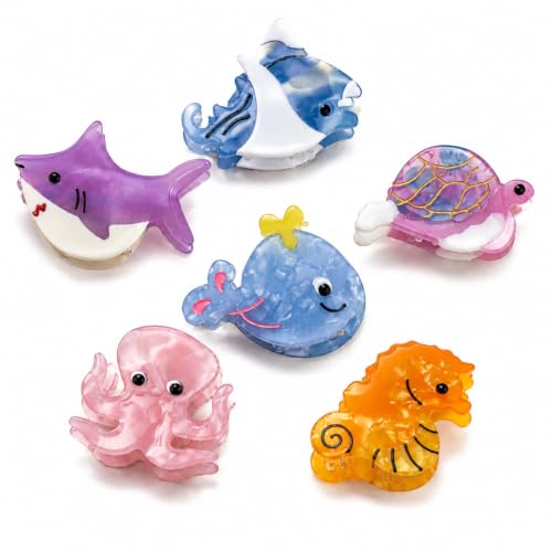 Xyphium 6PCS Sea Animal Mini Hair Claw Clips for Women - Cute Acetate Ocean Theme Hair Accessories for Thick Thin Hair - Manta Ray, Turtle, Seahorse, Shark, Whale, Octopus Small Claw Clips