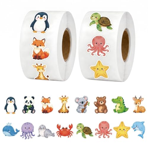 Xzentira 1000 Pcs Animal Stickers for Kids, 2 Rolls with 16 Wild and Ocean Animal Designs, Teacher Reward Stickers for Classroom, Potty Training, Scrapbooking, Birthday Party Favor Bag Fillers