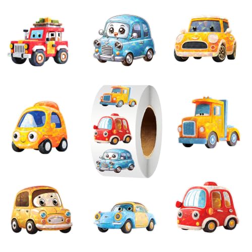 Xzentira 500 Pcs Cartoon Car Holographic Stickers Roll for Kids, 1 Inch Vehicle Stickers with 8 Styles, Toddler Stickers for Classroom Prizes, Party Favors, Goodie Bags, Birthday Supplies