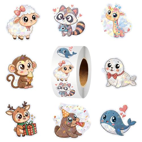 Xzentira 500pcs Cute Animal Holographic Sticker Roll, Animal Stickers for Kids, Boys, Girls, Water Bottles, Notebooks, Envelopes, Scrapbooking, Classroom Rewards, School Supplies & Party Favors