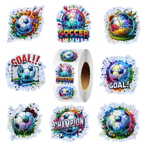 Xzentira 500pcs Holographic Soccer Sticker Roll, Sports Decals for Kids, Boys, Girls, Teens, Adults, Water Bottles, Notebooks, Envelopes, Luggage, Scrapbooking, Party Supplies & Birthday Favors