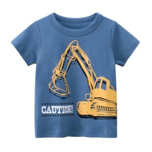 YAGATA Toddler Boy Short Sleeve Shirts Casual Kids Cotton Crewneck Graphic Tee Tops Blouse Dinosaur T Shirt Boys for 1-6 Years Blue Excavator 2-3T 100