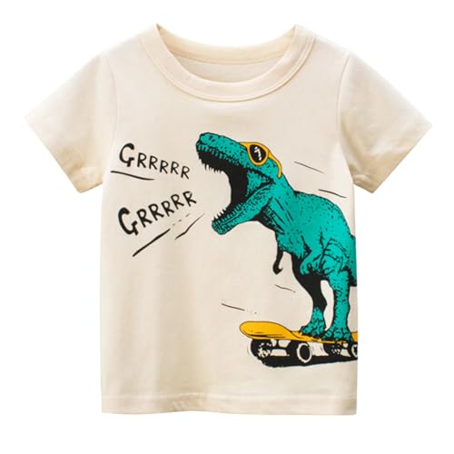 YAGATA Toddler Boy Short Sleeve Shirts Casual Kids Cotton Crewneck Graphic Tee Tops Blouse Dinosaur T Shirt Boys for 1-6 Years White Dinosaur 3-4T 110