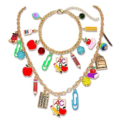 YAHPERN Teacher Necklace Earrings Bracelet for Women, Teacher Accessories, Cute Pencil Book Charms Bracelet Choker Necklace Earrings Appreciation Gifts Back To School Jewelry