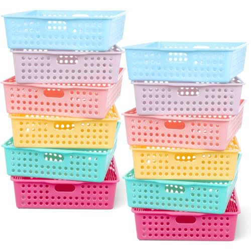Yakydesign 12 Pack Plastic Turn in Paper Trays for Classroom Storage Bin Basket 4A Paper File Tray Holds for School Teacher Supplies Classroom Office Home Organization and Storage(Pastel)