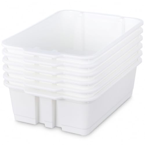 Yakydesign Book Organizer Set of 6 Classroom Decor Bin storage Homeschool Organization Plastic Bins with Handle Cubby Storage Classroom Stackable Bins for Home Office School Supplies (White)