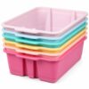 Yakydesign Book Organizer Set of 6 Classroom Decor Bin storage Homeschool Organization Plastic Bins with Handle Cubby Storage Classroom Stackable Bins for Home Office School Supplies (Pink Purple)