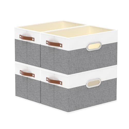 Yawinhe Fabric Storage Baskets, Foldable Closet Organizer for Shelves, Large Boxes with 3 Handles, Canvas Bins for Clothes, White/Grey, 12.99''Lx9.05''Wx7.87''H, 4-Pack