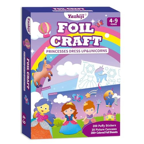 Yazhiji Foil Art Craft Kits for Kids Unicorns Princess Mess -Free Fun Activity Set for Child,DIY Printing Craft Kits, Gifts for Ages 4 5 6 7 8 9 10 11 12 Party Supplier Toys for Boys Girls