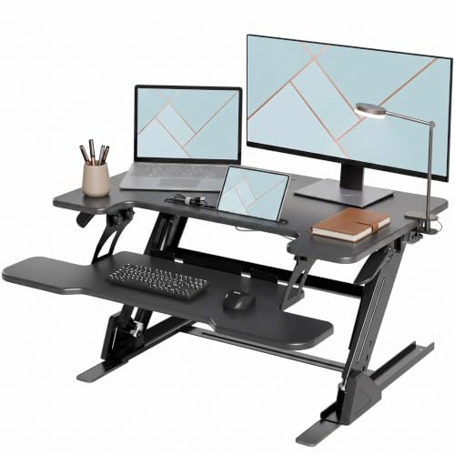YDN Standing Desk Converter 32 inch, Height Adjustable Sit Stand Up Desk Riser, Quick Sit to Stand Tabletop Dual Monitor Riser Workstation for Home Office with Keyboard Tray, Black