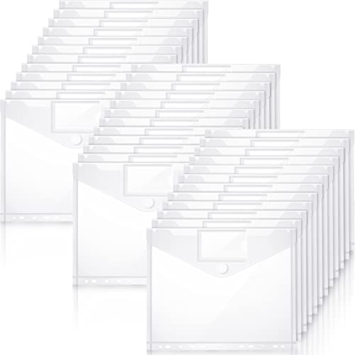 Yeaqee 100 Pcs Binder Pockets 11 Holes, Clear Poly Binder Envelopes with Hook Loop Closure and Label Pocket, Fits 8.5x11 Letter Size for 2/3/4 Ring Binders, Back to School Supplies