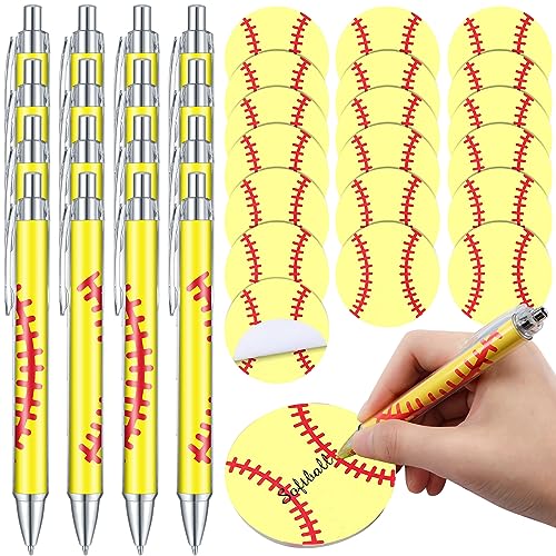 Yeaqee 32 Pcs Sports Pens Set Include 16 Black Ink Ballpoint Pens 16 Sticky Note Pad Sport Gifts Bulk for Office Home Sports Fan Gifts Supplies(Softball Theme)