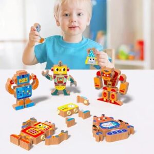 YECHISY Wooden Snap-Together Building Toys: STEM Building Blocks, Robot Take Apart Playset, Fine Motor Skill Montessori Snap Bots for Kids, Creative Boys & Girls Birthday Back to School Xmas Gift