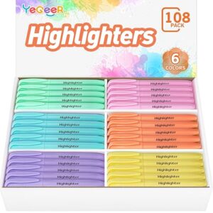YEGEER Highlighters Bulk, Chisel Tip Dry-Quickly Highlighter Markers, 108 Count-6 Assorted Colors Highlighters Bulk Pack for Adult Kids, Office Classroom Must Have, School Supplies for Teachers (108)