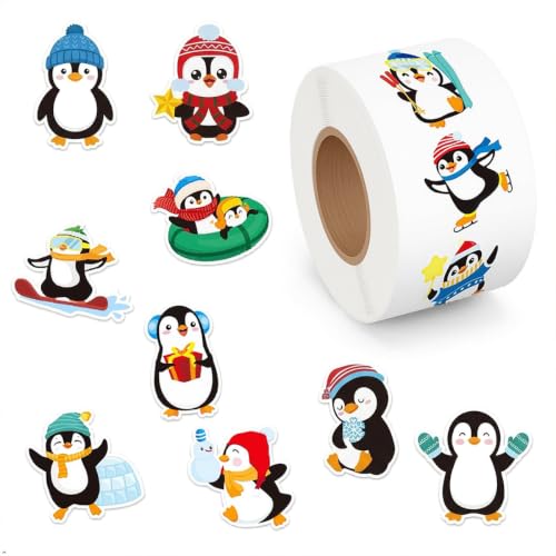 YEKNOSA 500PCS Cute Penguin Sticker Roll 1 Inch Waterproof Cartoon Animal Stickers with 16 Designs for Lunch Boxes Greeting Cards Planners Classroom Activities Party Bags DIY Decorations