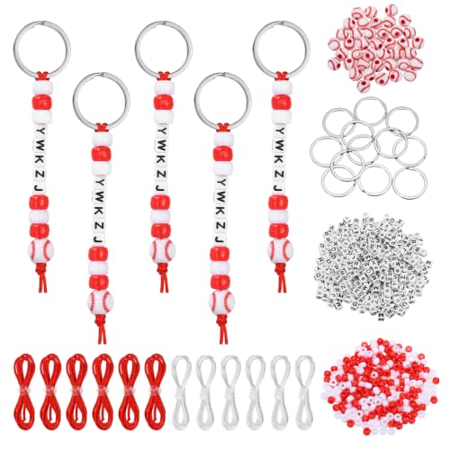 YELARXI Bead Keychain Making Kit, DIY Beadable Keychain Bars Making Alphabet Letter Key Rings Craft Set Heart Shaped Keyring Colorful/Baseball & 564 Pcs -for(Bag Charm/Gifts/Party Favor)