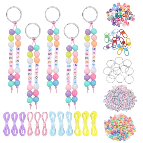 YELARXI Bead Keychain Making Kit, DIY Beadable Keychain Bars Making Alphabet Letter Key Rings Craft Set Heart Shaped Keyring Light Color & 576 Pcs -for(Bag Charm/Gifts/Party Favor)