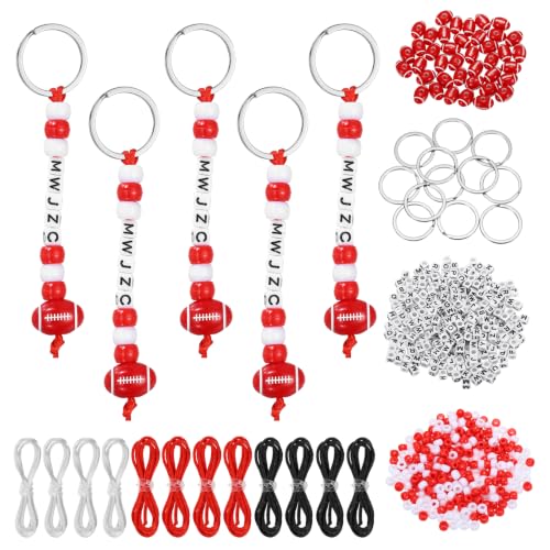 YELARXI Bead Keychain Making Kit, DIY Beadable Keychain Bars Making Alphabet Letter Key Rings Craft Set Heart Shaped Keyring Colorful/Red Football & 564 Pcs -for(Charm/Gifts/Party Favor)