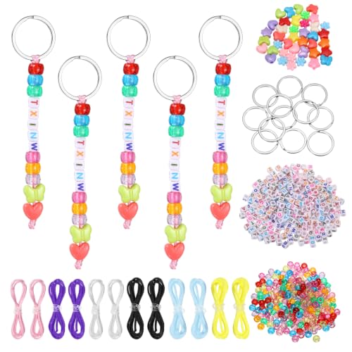 YELARXI Bead Keychain Making Kit, DIY Beadable Keychain Bars Making Alphabet Letter Key Rings Craft Set Heart Shaped Keyring Mixed Color/Butterfly & 564 Pcs -for(Charm/Gifts/Party Favor)