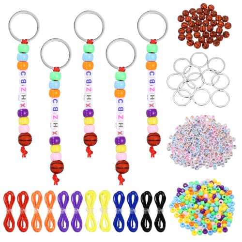 YELARXI Bead Keychain Making Kit, DIY Beadable Keychain Bars Making Alphabet Letter Key Rings Craft Set Heart Shaped Keyring Bold Color/Basketball & 574 Pcs -for(Charm/Gifts/Party Favor)