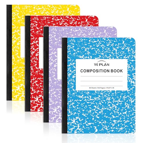 Yeplan Composition Notebooks 4 pack, Wide Ruled Notebook Paper, 9 3/4" x 7 1/2", 80 Sheets/160 Pages, Aesthetic Marble Composition Notebook for School & Office Supplies (4, Assorted Colors)