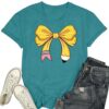 YERKOP Teacher Shirts for Women Coquette Bow Teach T-Shirt Kindergarten Teaching Life Tee Tops Cyan