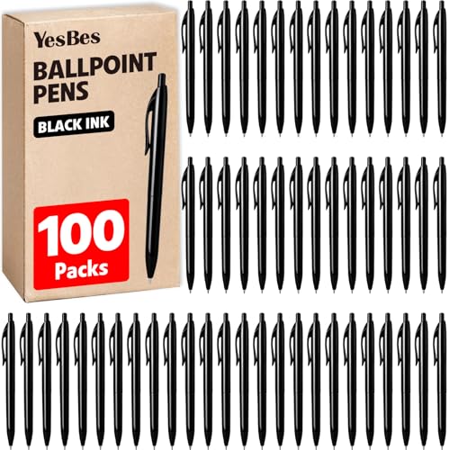 YesBes 100 Pack Ballpoint Pens Bulk, Retractable Black Pens Ballpoint Medium Point 1mm for Smooth Writing, No Bleed Ink Pens Clear Lines, School, Office, Teacher Supplies, Best Gifts for Coworkers