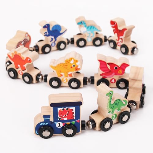 YESTEP Magnetic Wooden Dinosaur Train Set, 11 Piece Montessori Toys for Toddlers, Preschool Educational Material for Kids, Birthday Gifts for Boys and Girls