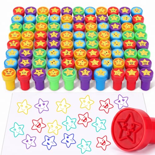 Yexiya 100 Pcs Star Stampers Bulk Back to School Teacher Review Stamps for Classroom Self Inking Colorful Mood Expressions and Comments, Motivational Classroom Prize Birthday Party Favors Gifts