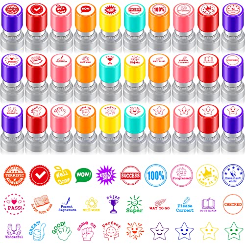 Yexiya 30 Pcs Self Inking Teacher Stamps, Grading & Motivational Feedback Stamps for Homework Classroom Supplies, Round Compliment Stamp, Back to School Gifts(Basic Praise)