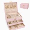 YhiraJorlyn Jewelry Organizer Box for Women, 3-Layer Large Jewelry Organizer and Storage with 2 Drawers, Jewelry Organizer for Necklaces Rings Earrings Bracelets, Lockable, Modern,Gift Idea(Pink)