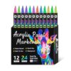 Yhplxyuus 12Pcs Acrylic Paint Pen Double Ended Brush Tip Acrylic Markers 24 Color for Painting on Paper Rock Stone Wood Glass Paint Pen Set
