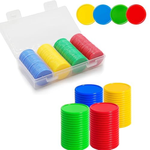 Yichageebo 100Pcs Plastic Learning Counters with Storage Box, 4 Colors Bingo Chips 1 Inches Poker Chips Educational Counting Math Counters Manipulatives Round Game Chips Plastic Counters