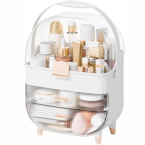 Yieach Countertop Makeup Organizer With Lid,Large Skincare Organizers With 2 Drawers,Dustproof Cosmetic Display Cases for Bathroom,Dresser,Lotion,Beauty,Skin Care Holder,Makeup Storage Organizer,White