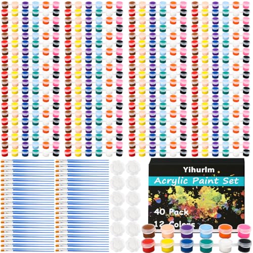 Yihurlm 40 Pack Mini Acrylic Paint Set,12 Color Acrylic Paint Strips for Kids&Adults,Washable Paint Set 40 Flat and 40 Pointed Brushes,12 Paint Palettes,Kids Paint Set for Painting Artistic Crafts