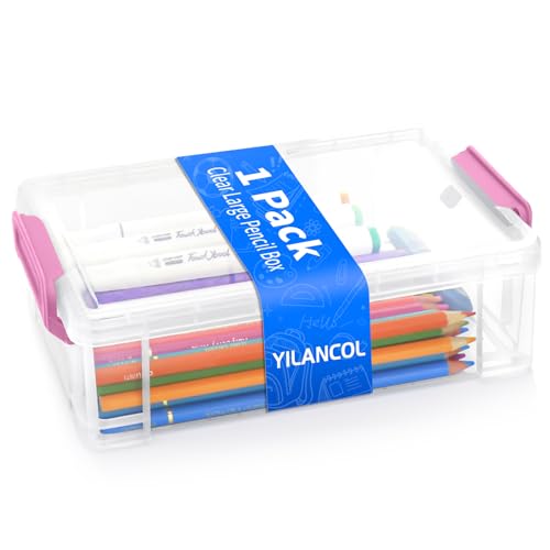 YILANCOL Extra Large Clear Pencil Box for Crayons, Markers, Art Supplies, Plastic Hard Pencil Case with Secure Lid, Stackable Hard Storage Organizer Box for Classroom & Office,Large Size(Pink)