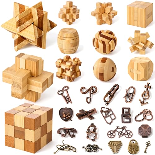 Yilloog 30 Pcs Back to School Gifts Brain Teaser Puzzles for Kids Adults Wooden Metal Brain Teaser Puzzles Game 3D Wooden IQ Challenge Game Wire Unlock Desktop Toys for Family Party Favor Travel Pouch