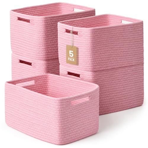 Yilobi 5 Pack Woven Storage Baskets for Shelves Organizing, Decorative Cotton Rope Organization Storage Bins for Toy, Book, Towel, Clothes, Closet, Nursery, Bathroom & Home Decor, Pink