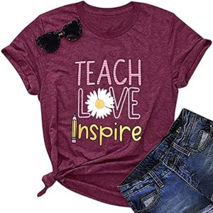 YI XIANG RAN Teacher Graphic T-Shirt Summer Teacher Gift Teach Love Inspire Shirt Womens Inspirational Tees Tops (Purple Red, Small)