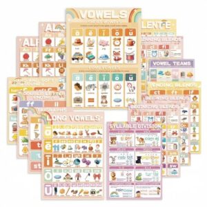 YIYDONG 16 Phonics Posters for Classroom - Learning Posters for Sound Wall Phonics Digraphs Blends Syllable Types Vowel Sounds Poster for Kindergarten, Elementary, Homeschool Supplies (Bright Color)