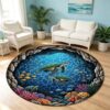 YJDRUG 3D Sea Turtle Round Rug 4ft Realistic Ocean Cave Kids Play Mat