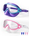 YLKJSWIM Swim Goggles for Kids 3-12 with Earplugs Large Frame Anti-Fog/UV With nose pads Swimming Goggles for Boys Girls Toddler 2PCS (White Pink & Blue Purple)
