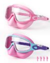 YLKJSWIM Swim Goggles for Kids 3-12 with Earplugs Large Frame Anti-Fog/UV With nose pads Swimming Goggles for Boys Girls Toddler 2PCS (Coral Purple & Pink)