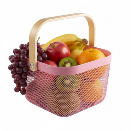 Ymeibe Mesh Steel Storage Organizer Basket Fruit Basket Bin with Wood Handle Ideal for Kitchen Bathroom Picnic Baskets Pantry Cabinets Storage Home Decor (Pink)
